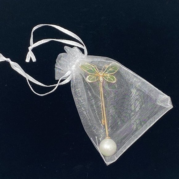 Green Enamel Butterfly Stick Pin Brooch with Faux Pearl - Picture 11 of 11